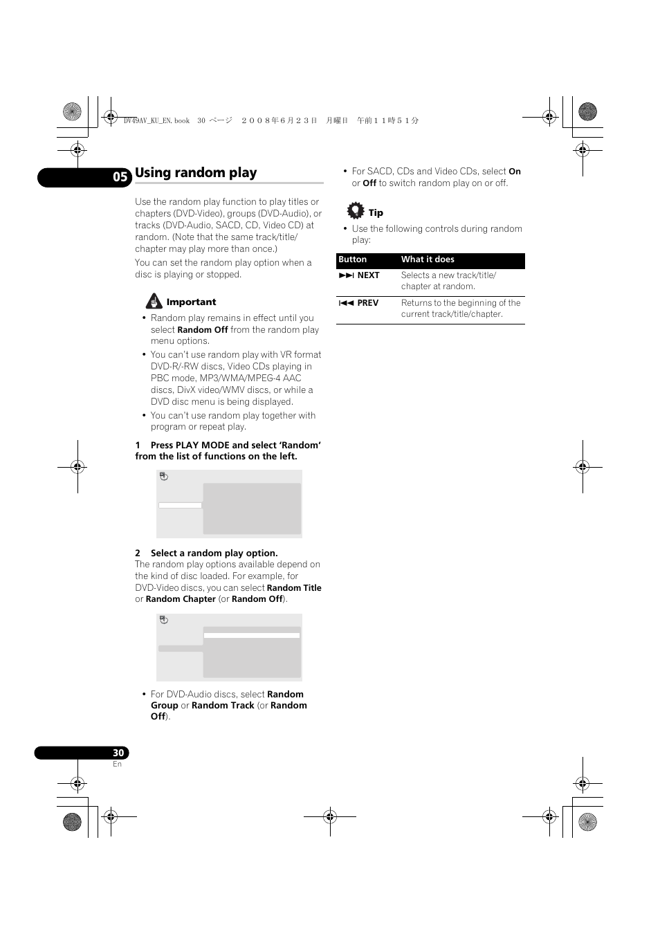 Using random play | Pioneer ELITE DV-49AV User Manual | Page 30 / 63