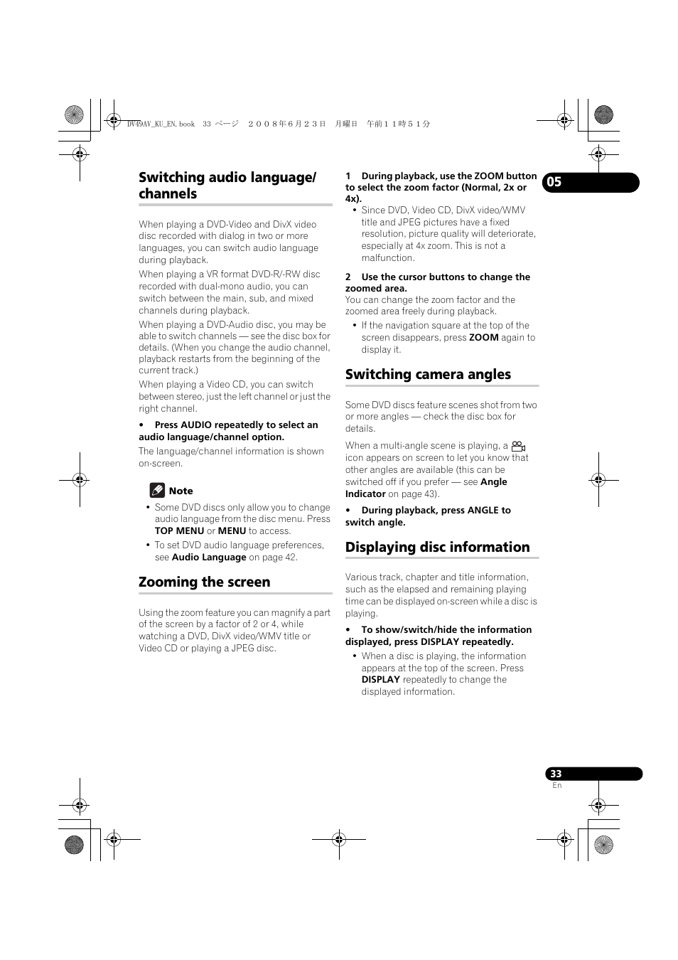 Switching audio language/channels, Zooming the screen, Switching camera angles | Displaying disc information, Switching audio language/ channels | Pioneer ELITE DV-49AV User Manual | Page 33 / 63