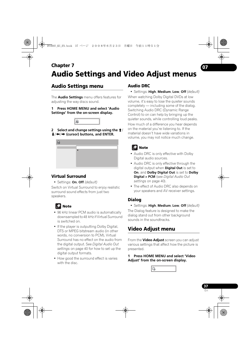 Audio settings menu, Video adjust menu, Audio settings and video adjust menus | Chapter 7 | Pioneer ELITE DV-49AV User Manual | Page 37 / 63