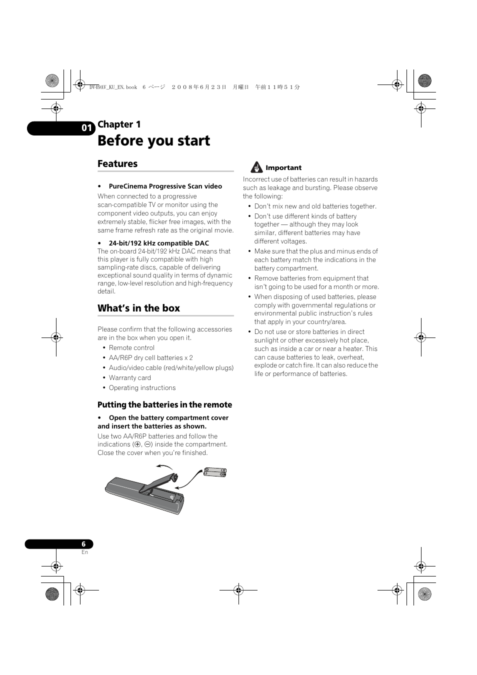 Features, What’s in the box, Before you start | Chapter 1 | Pioneer ELITE DV-49AV User Manual | Page 6 / 63
