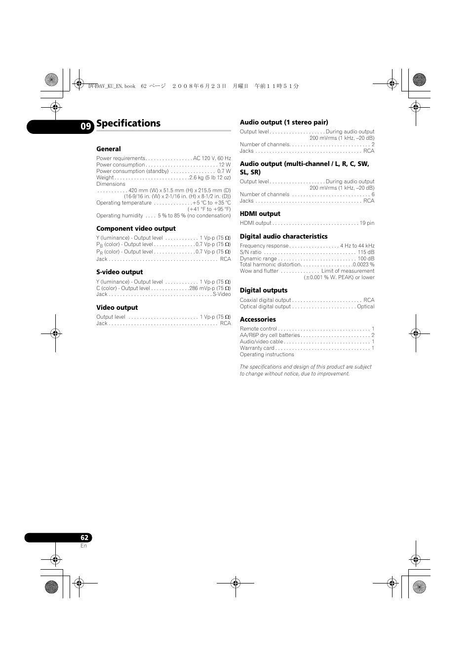 Specifications | Pioneer ELITE DV-49AV User Manual | Page 62 / 63