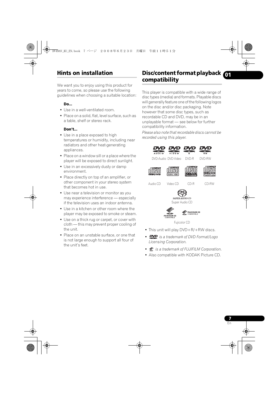 Hints on installation, Disc/content format playback compatibility | Pioneer ELITE DV-49AV User Manual | Page 7 / 63