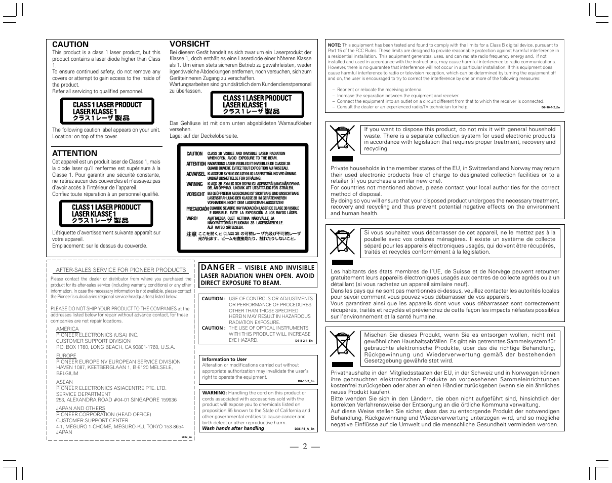 Attention, Vorsicht, Caution | Danger | Pioneer DVR-115DBK User Manual | Page 2 / 8