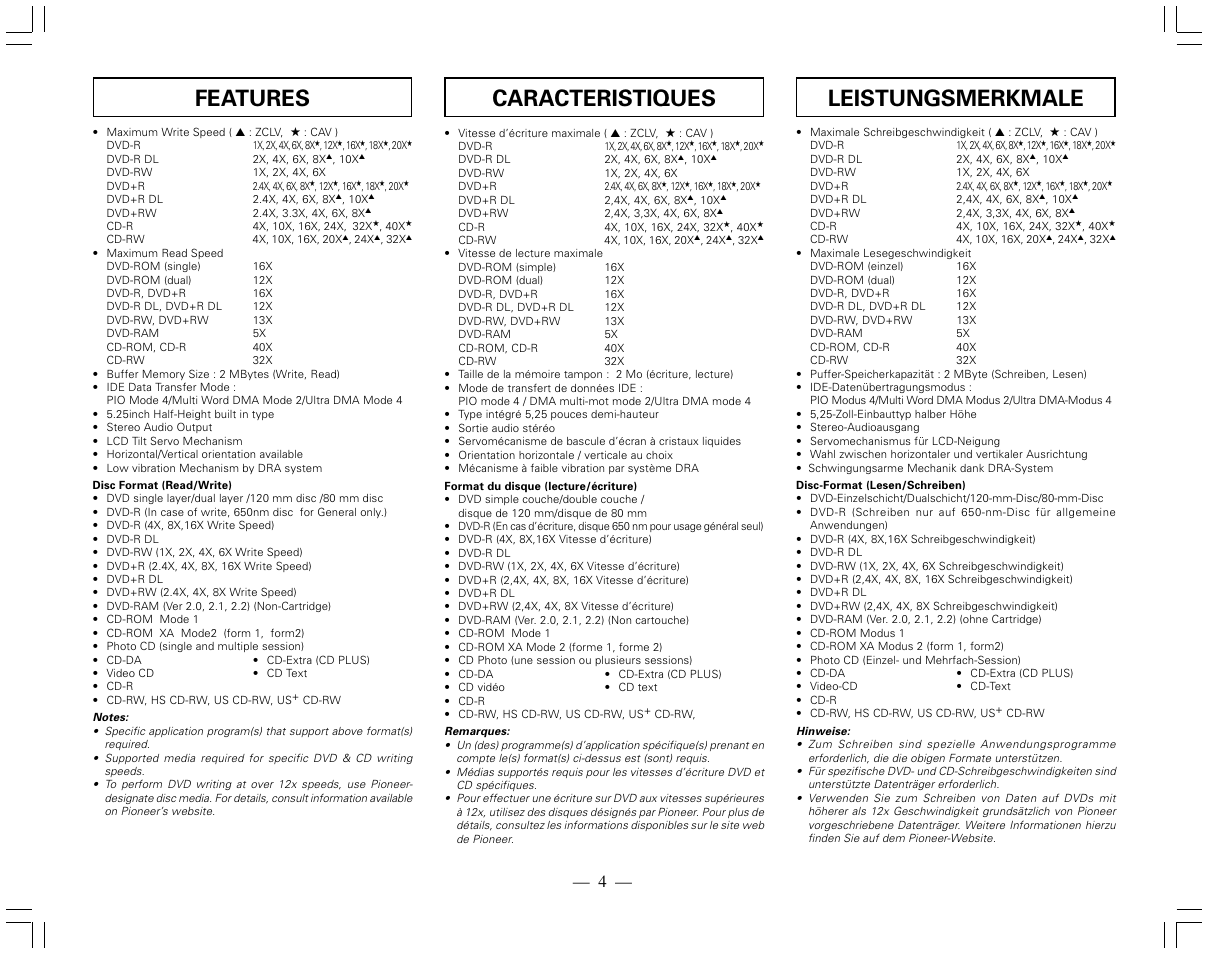 Leistungsmerkmale, Caracteristiques, Features | Pioneer DVR-115DBK User Manual | Page 4 / 8