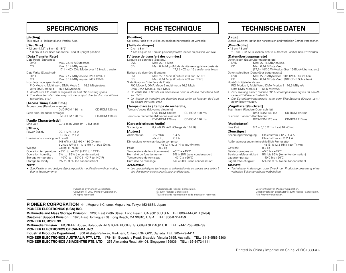 Specifications, Fiche technique, Technische daten | Pioneer corporation | Pioneer DVR-115DBK User Manual | Page 8 / 8