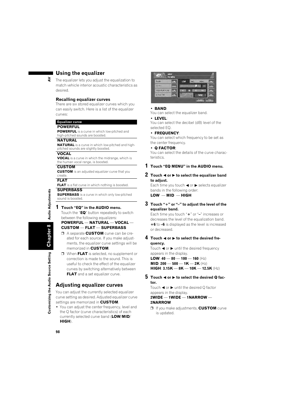 Using the equalizer 98, Adjusting equalizer curves 98, Using the equalizer | Adjusting equalizer curves | Pioneer DOUBLE-DIN DVD NAVIGATION SYSTEM AVIC-D2 User Manual | Page 100 / 134