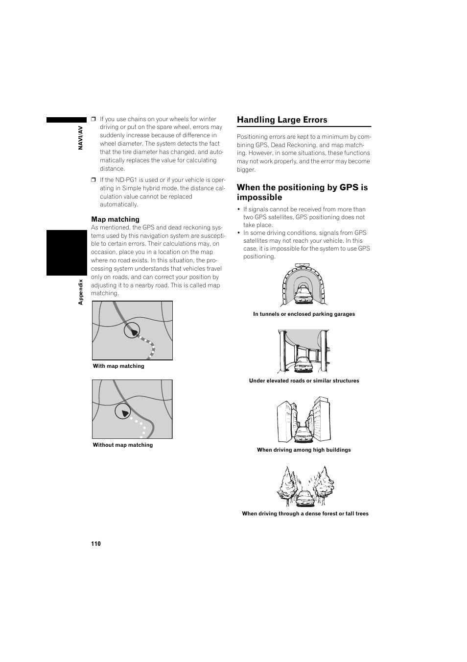 Handling large errors 110, When the positioning by gps is impossible 110, Handling large errors | When the positioning by gps is impossible | Pioneer DOUBLE-DIN DVD NAVIGATION SYSTEM AVIC-D2 User Manual | Page 112 / 134