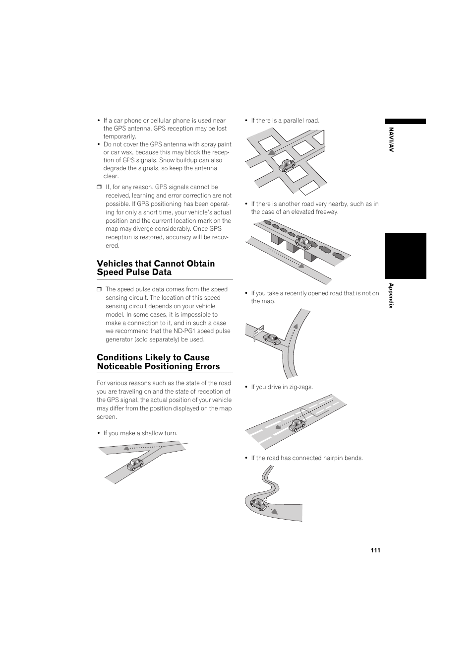 Vehicles that cannot obtain speed pulse, Data 111, Conditions likely to cause noticeable positioning | Errors 111, Vehicles that cannot obtain speed pulse data | Pioneer DOUBLE-DIN DVD NAVIGATION SYSTEM AVIC-D2 User Manual | Page 113 / 134