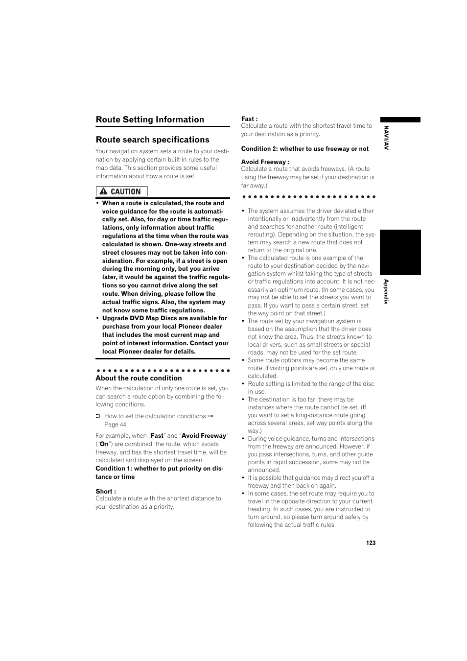 Route setting information 123, Route search specifications 123 | Pioneer DOUBLE-DIN DVD NAVIGATION SYSTEM AVIC-D2 User Manual | Page 125 / 134