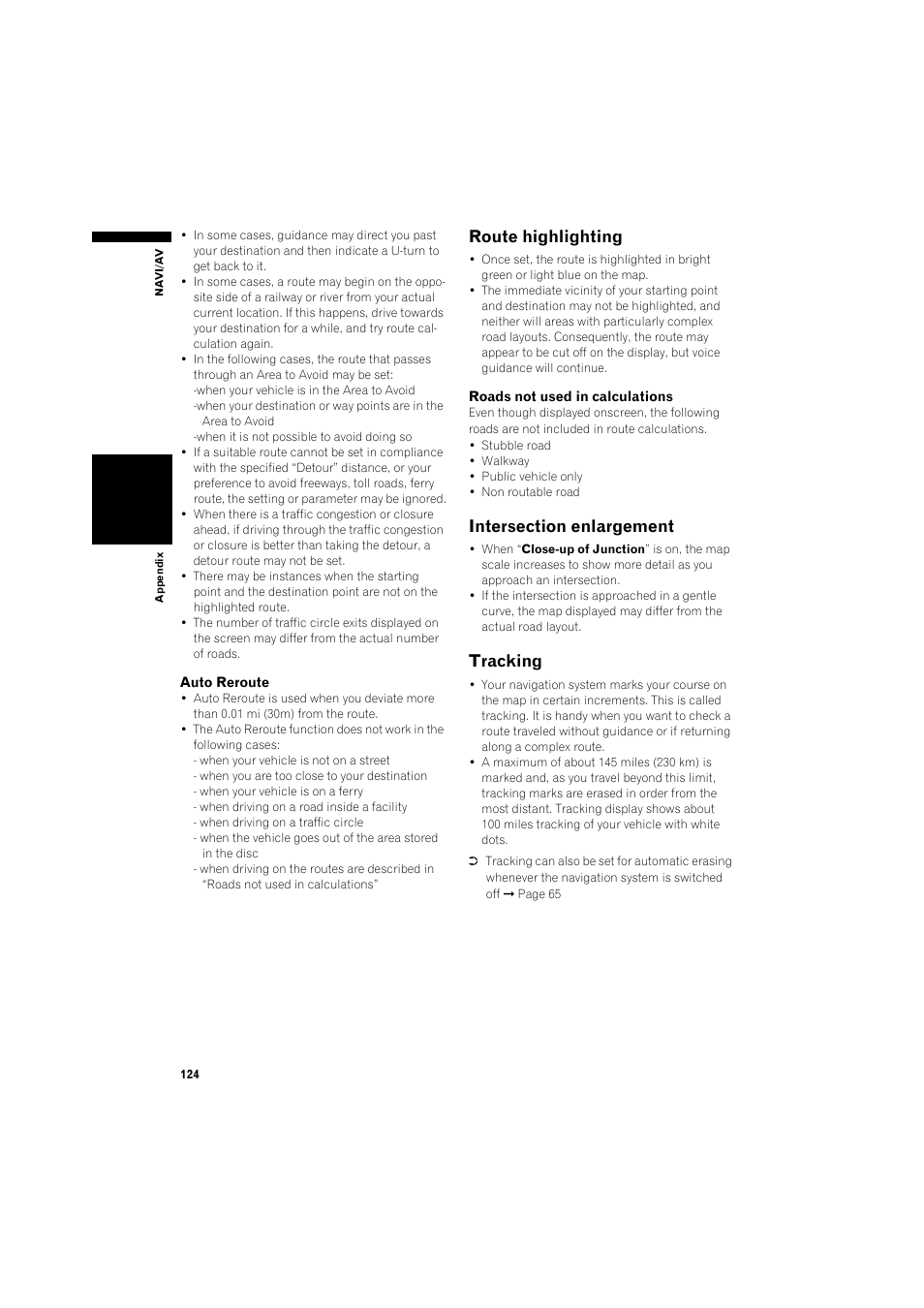Route highlighting 124, Intersection enlargement 124, Tracking 124 | Route highlighting, Tracking | Pioneer DOUBLE-DIN DVD NAVIGATION SYSTEM AVIC-D2 User Manual | Page 126 / 134