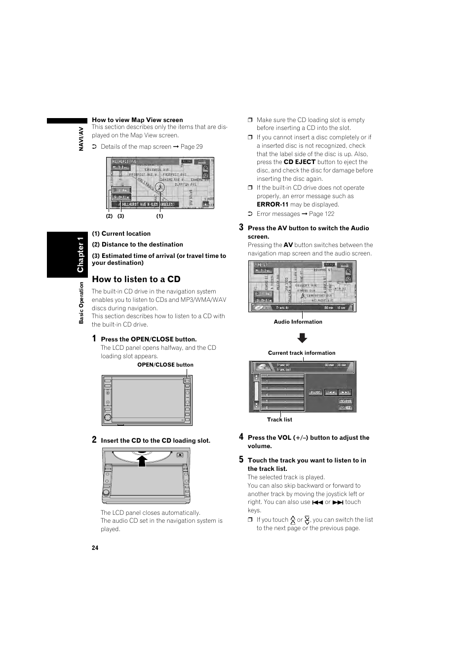 How to listen to a cd 24, How to listen to a cd | Pioneer DOUBLE-DIN DVD NAVIGATION SYSTEM AVIC-D2 User Manual | Page 26 / 134