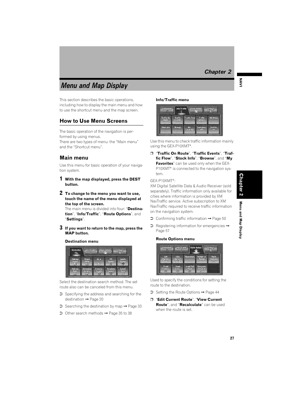 Chapter 2, Menu and map display, How to use menu screens 27 | Main menu 27 | Pioneer DOUBLE-DIN DVD NAVIGATION SYSTEM AVIC-D2 User Manual | Page 29 / 134