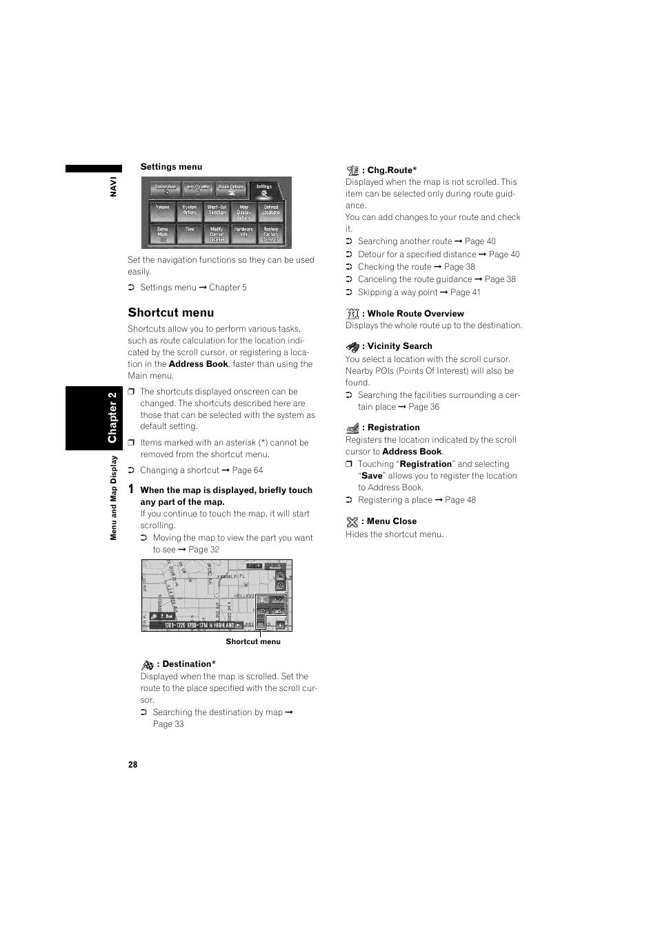 Shortcut menu 28, Shortcut menu | Pioneer DOUBLE-DIN DVD NAVIGATION SYSTEM AVIC-D2 User Manual | Page 30 / 134