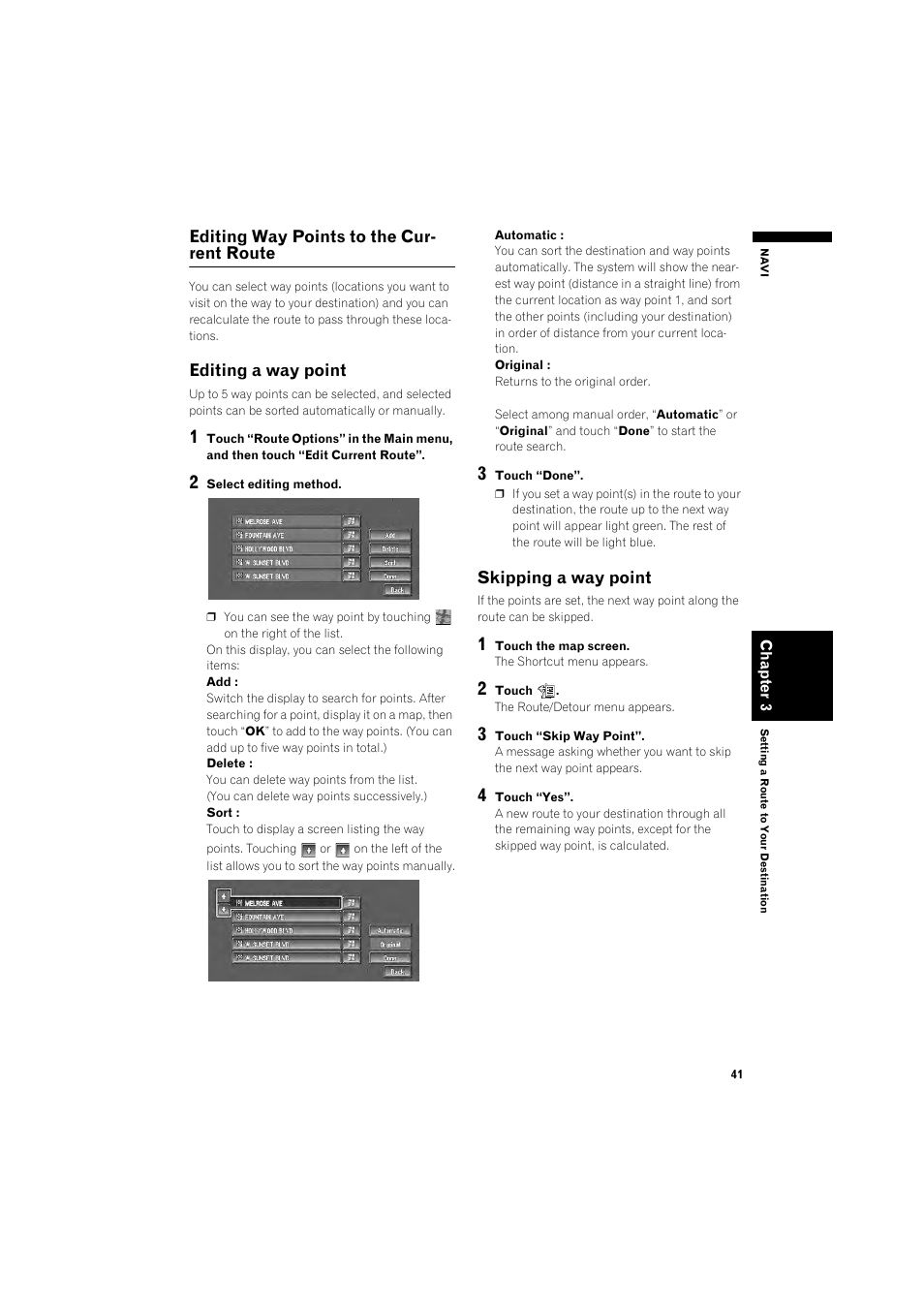 Editing way points to the current route 41, Editing a way point 41, Skipping a way point 41 | Pioneer DOUBLE-DIN DVD NAVIGATION SYSTEM AVIC-D2 User Manual | Page 43 / 134