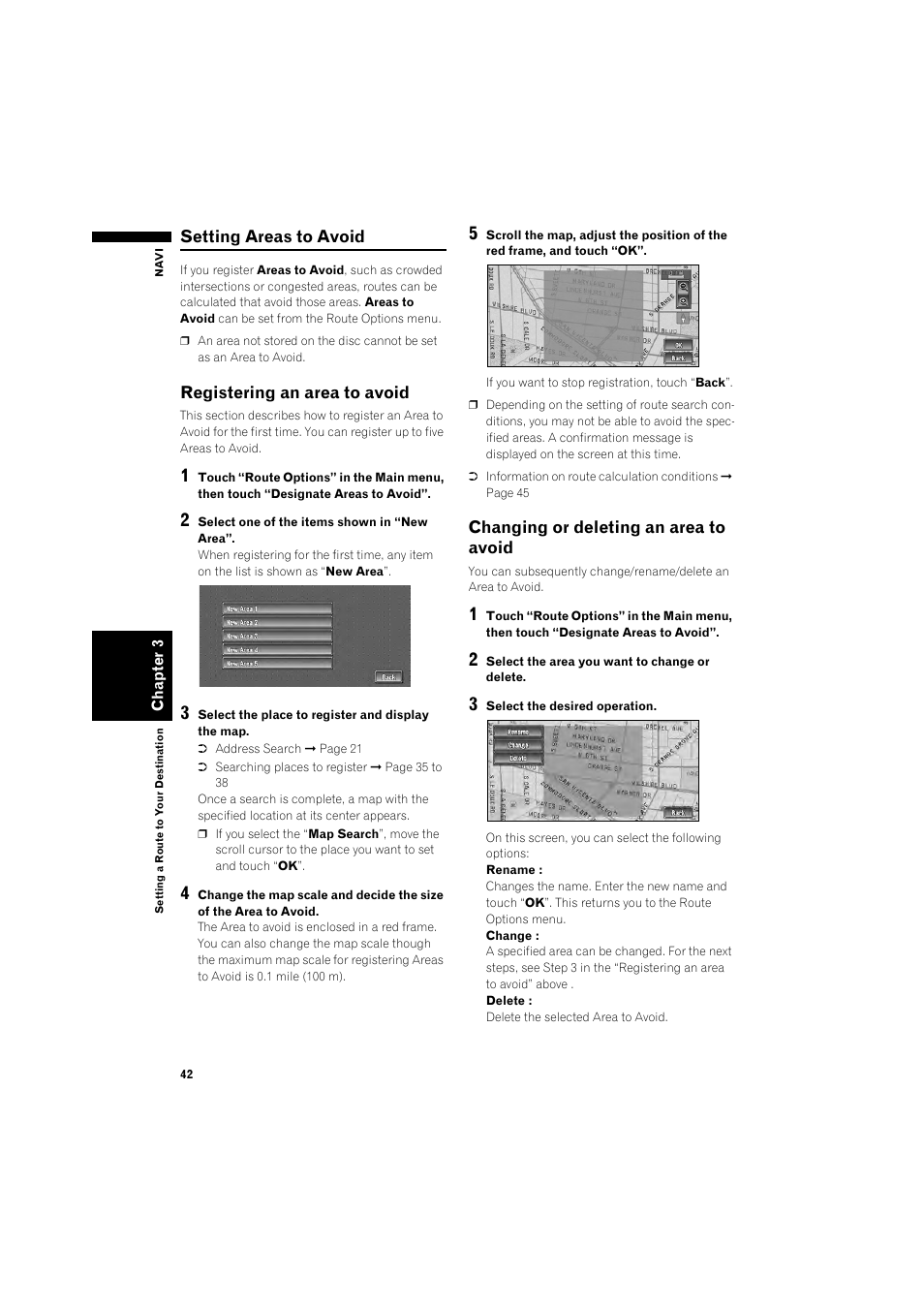 Setting areas to avoid 42, Registering an area to avoid 42, Changing or deleting an area to avoid 42 | Pioneer DOUBLE-DIN DVD NAVIGATION SYSTEM AVIC-D2 User Manual | Page 44 / 134