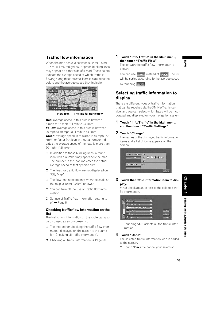 Traffic flow information 53, Selecting traffic information to display 53, Traffic flow information | Selecting traffic information to display | Pioneer DOUBLE-DIN DVD NAVIGATION SYSTEM AVIC-D2 User Manual | Page 55 / 134