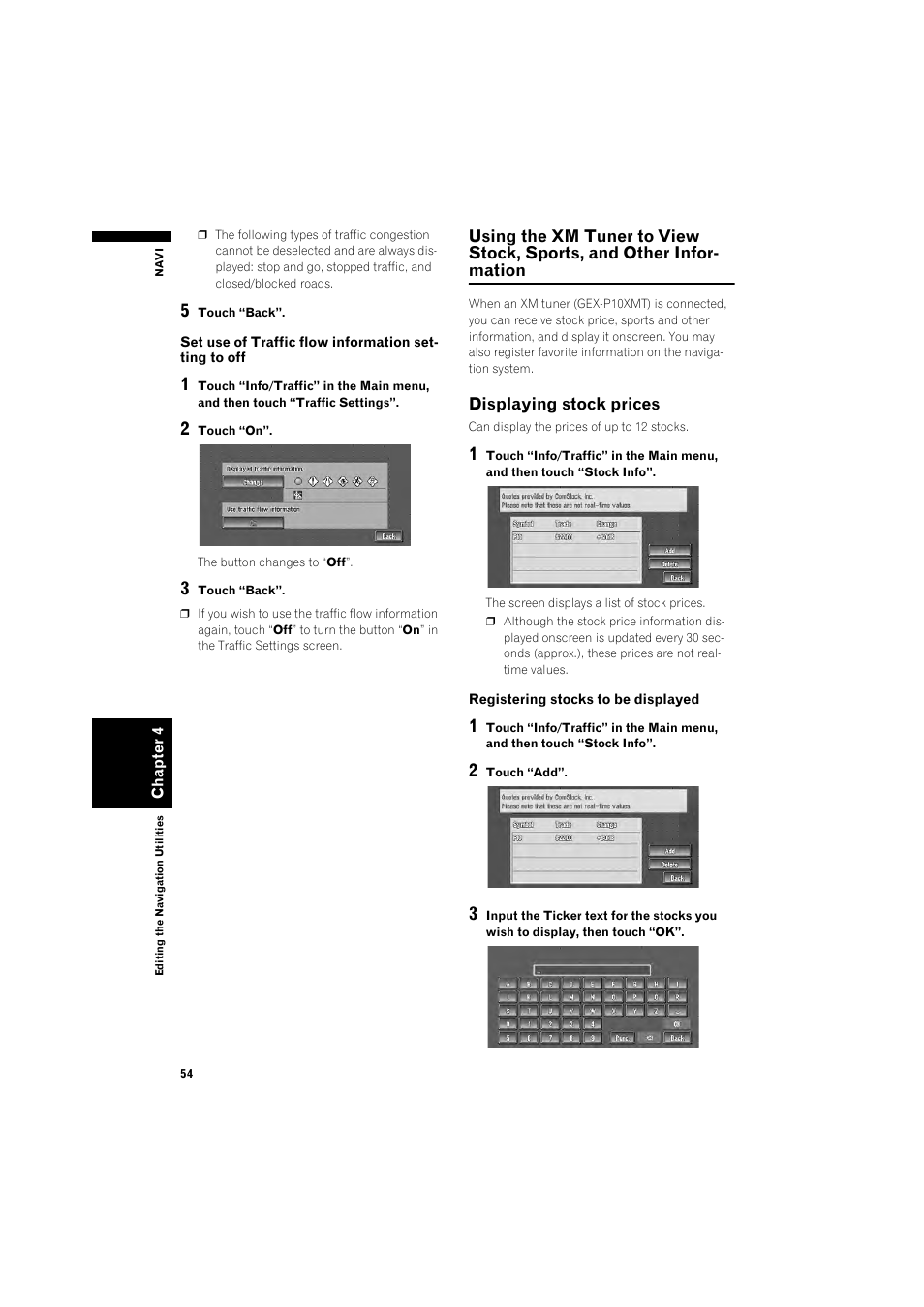 Using the xm tuner to view stock, sports, and, Other information 54, Displaying stock prices 54 | Pioneer DOUBLE-DIN DVD NAVIGATION SYSTEM AVIC-D2 User Manual | Page 56 / 134