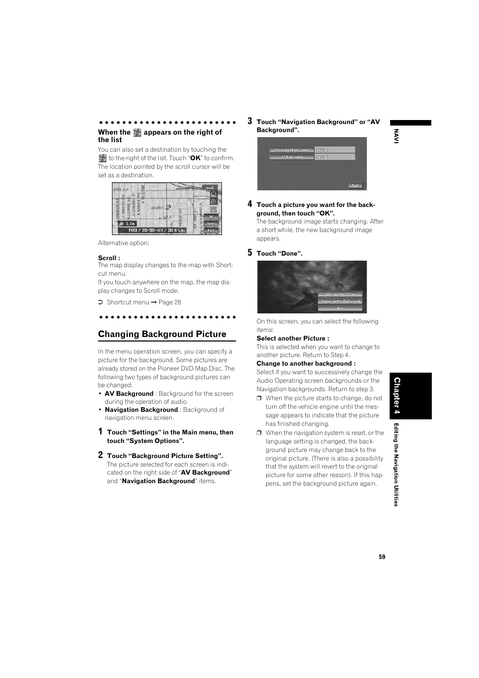 Changing background picture 59, Changing background picture | Pioneer DOUBLE-DIN DVD NAVIGATION SYSTEM AVIC-D2 User Manual | Page 61 / 134