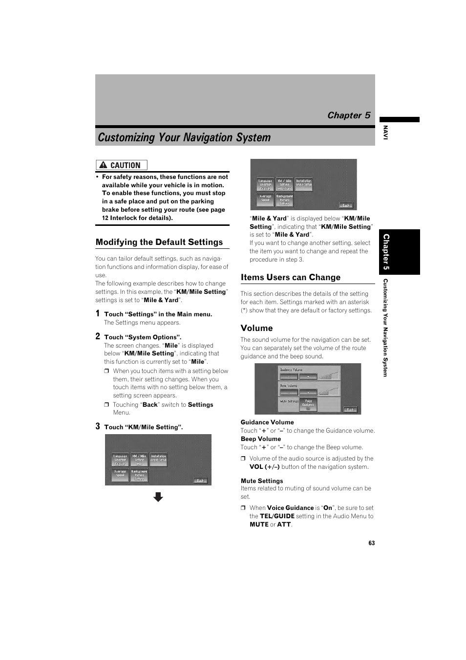 Chapter 5, Customizing your navigation sys- tem, Volume 63 | Customizing your navigation system | Pioneer DOUBLE-DIN DVD NAVIGATION SYSTEM AVIC-D2 User Manual | Page 65 / 134
