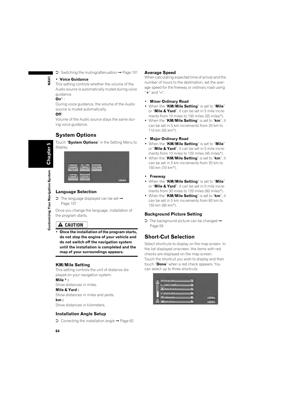 System options 64, Short-cut selection 64, System options | Short-cut selection | Pioneer DOUBLE-DIN DVD NAVIGATION SYSTEM AVIC-D2 User Manual | Page 66 / 134