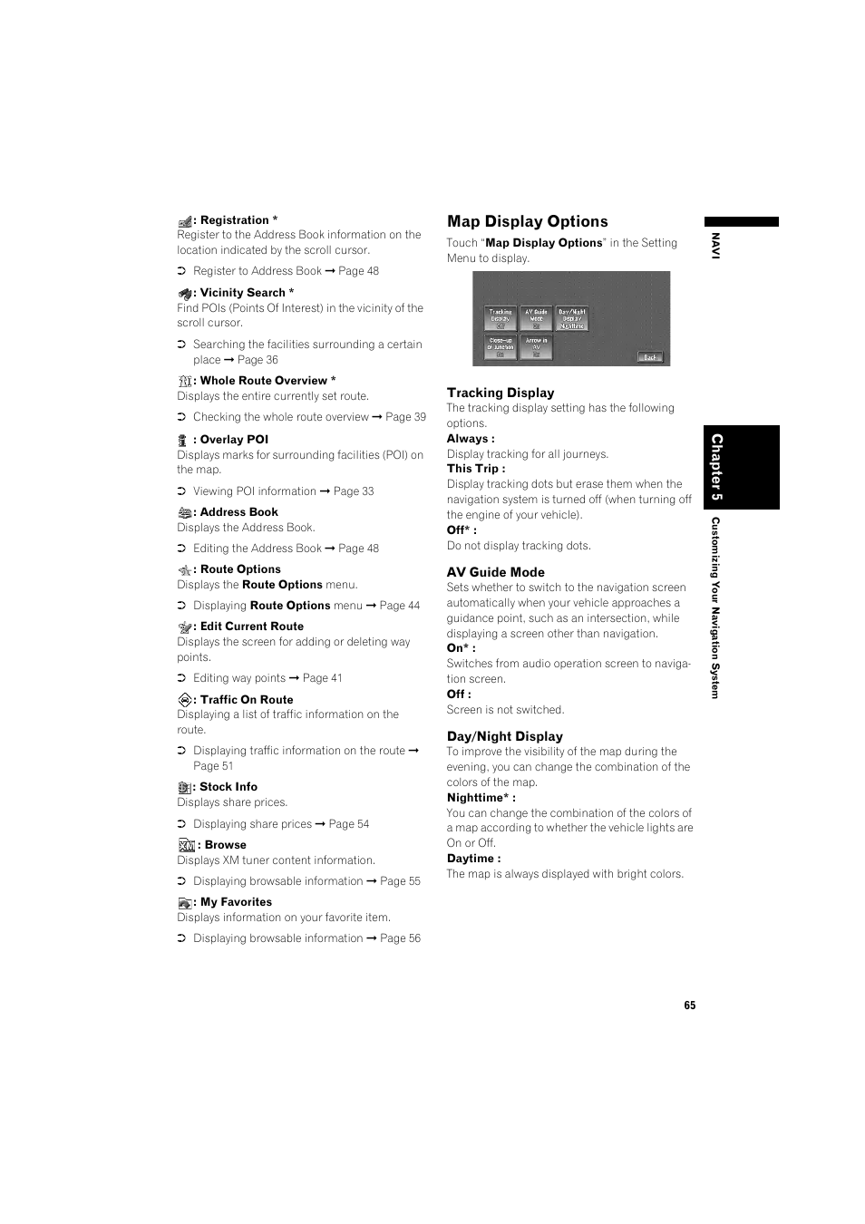 Map display options 65, Map display options | Pioneer DOUBLE-DIN DVD NAVIGATION SYSTEM AVIC-D2 User Manual | Page 67 / 134