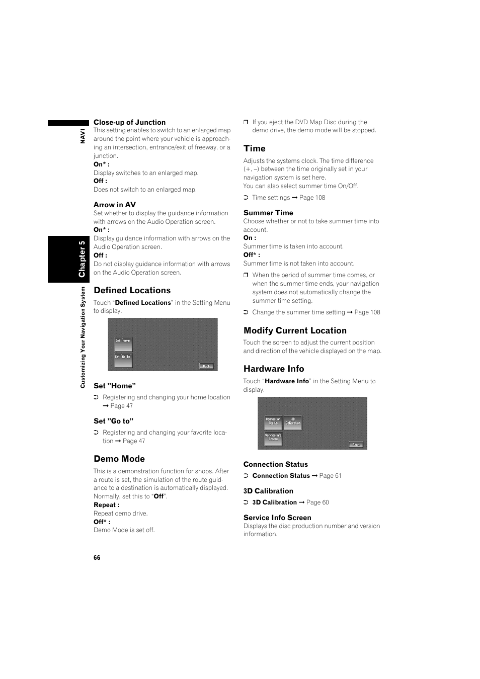 Defined locations 66, Demo mode 66, Time 66 | Modify current location 66, Hardware info 66, Defined locations, Demo mode, Time, Modify current location, Hardware info | Pioneer DOUBLE-DIN DVD NAVIGATION SYSTEM AVIC-D2 User Manual | Page 68 / 134