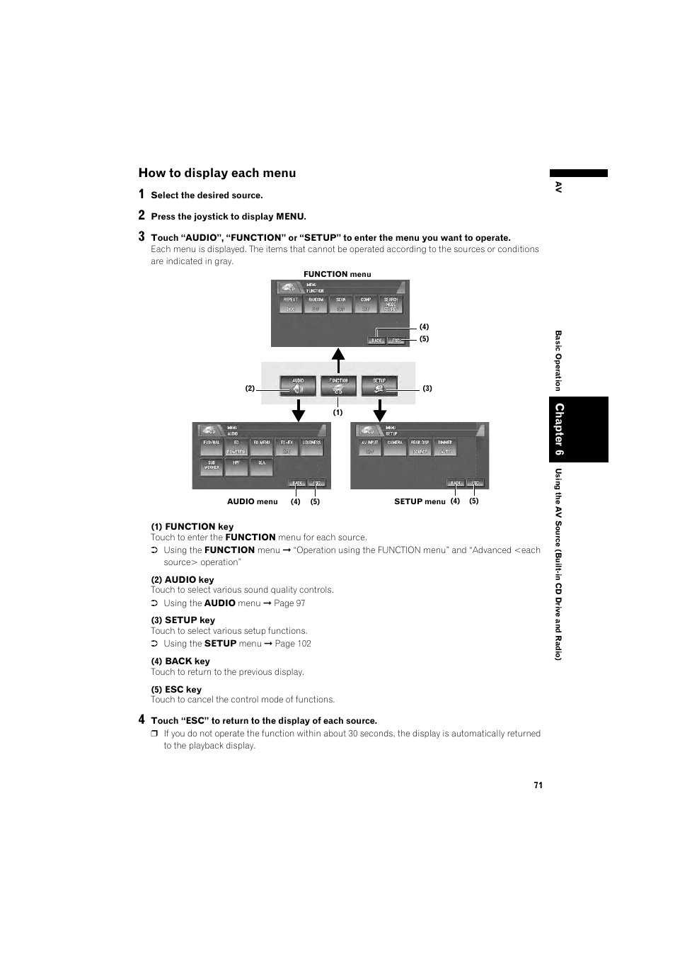 How to display each menu 71, How to display each menu | Pioneer DOUBLE-DIN DVD NAVIGATION SYSTEM AVIC-D2 User Manual | Page 73 / 134