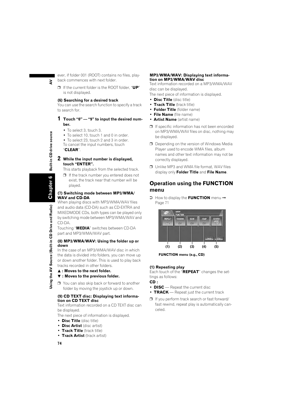 Operation using the function menu 74, Operation using the function menu | Pioneer DOUBLE-DIN DVD NAVIGATION SYSTEM AVIC-D2 User Manual | Page 76 / 134