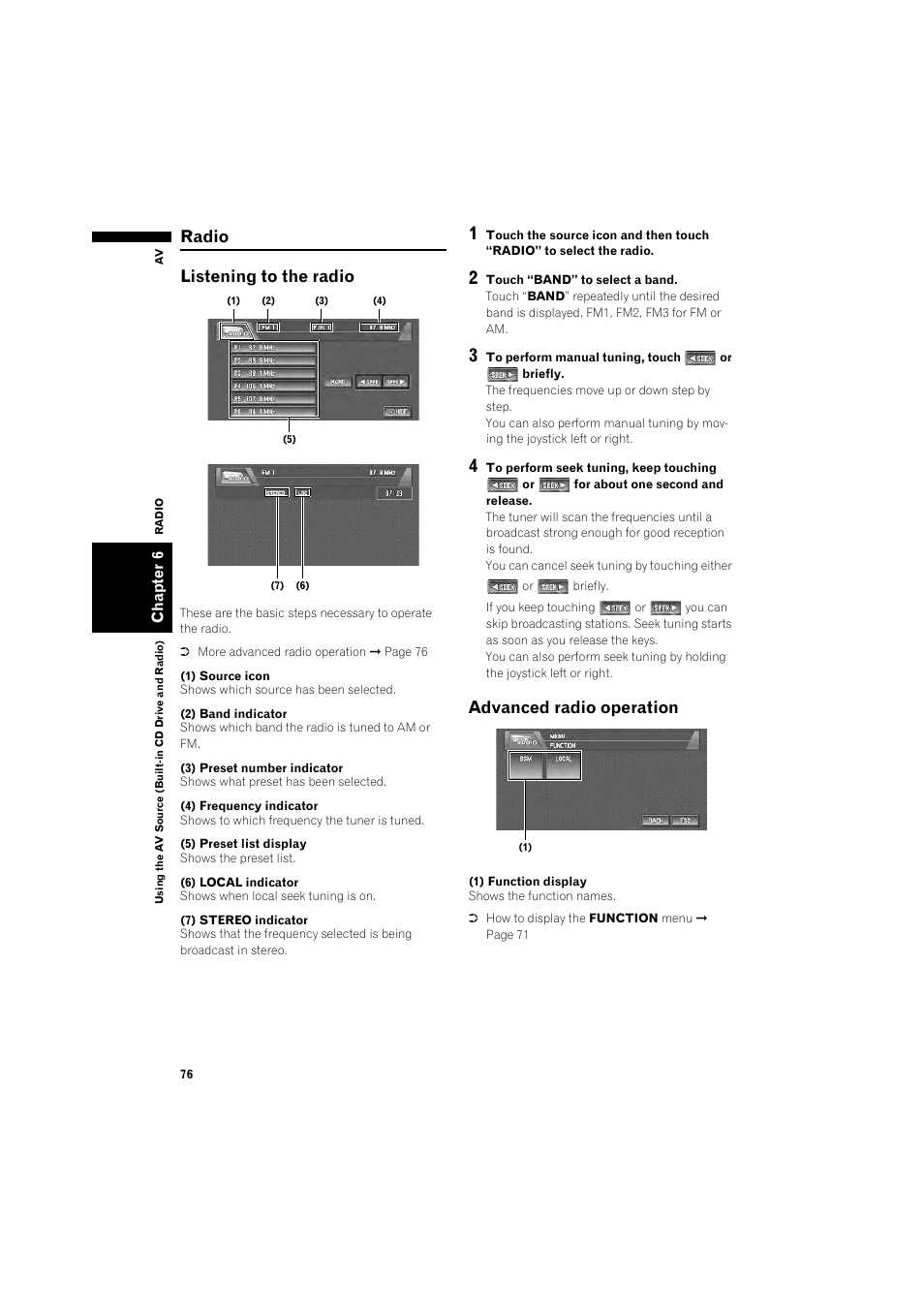 Radio 76, Listening to the radio 76, Advanced radio operation 76 | Radio listening to the radio, Advanced radio operation | Pioneer DOUBLE-DIN DVD NAVIGATION SYSTEM AVIC-D2 User Manual | Page 78 / 134