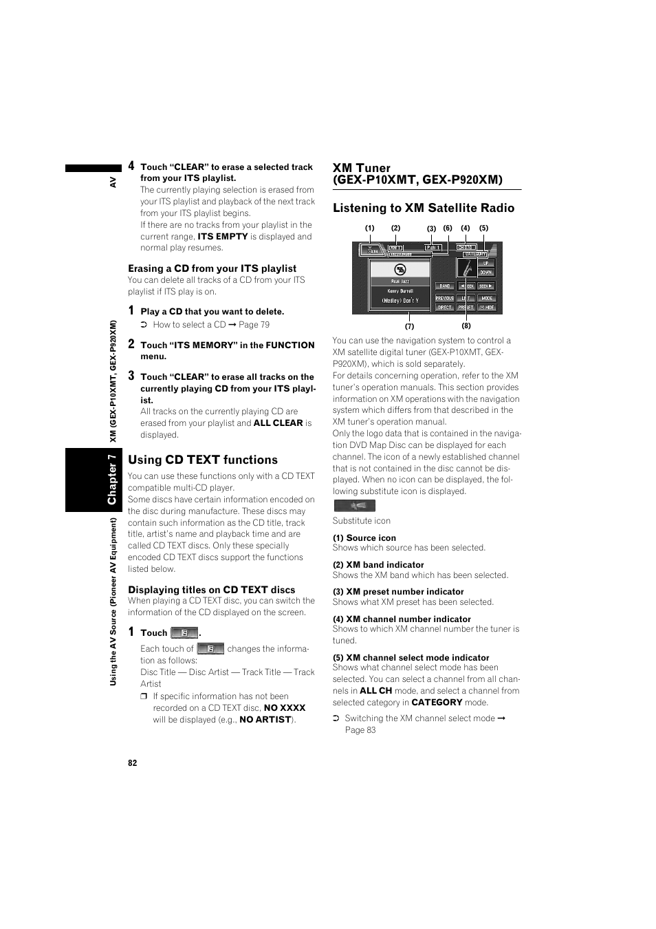 Using cd text functions 82, Xm tuner, Gex-p10xmt, gex-p920xm) 82 | Listening to xm satellite radio 82, Using cd text functions | Pioneer DOUBLE-DIN DVD NAVIGATION SYSTEM AVIC-D2 User Manual | Page 84 / 134