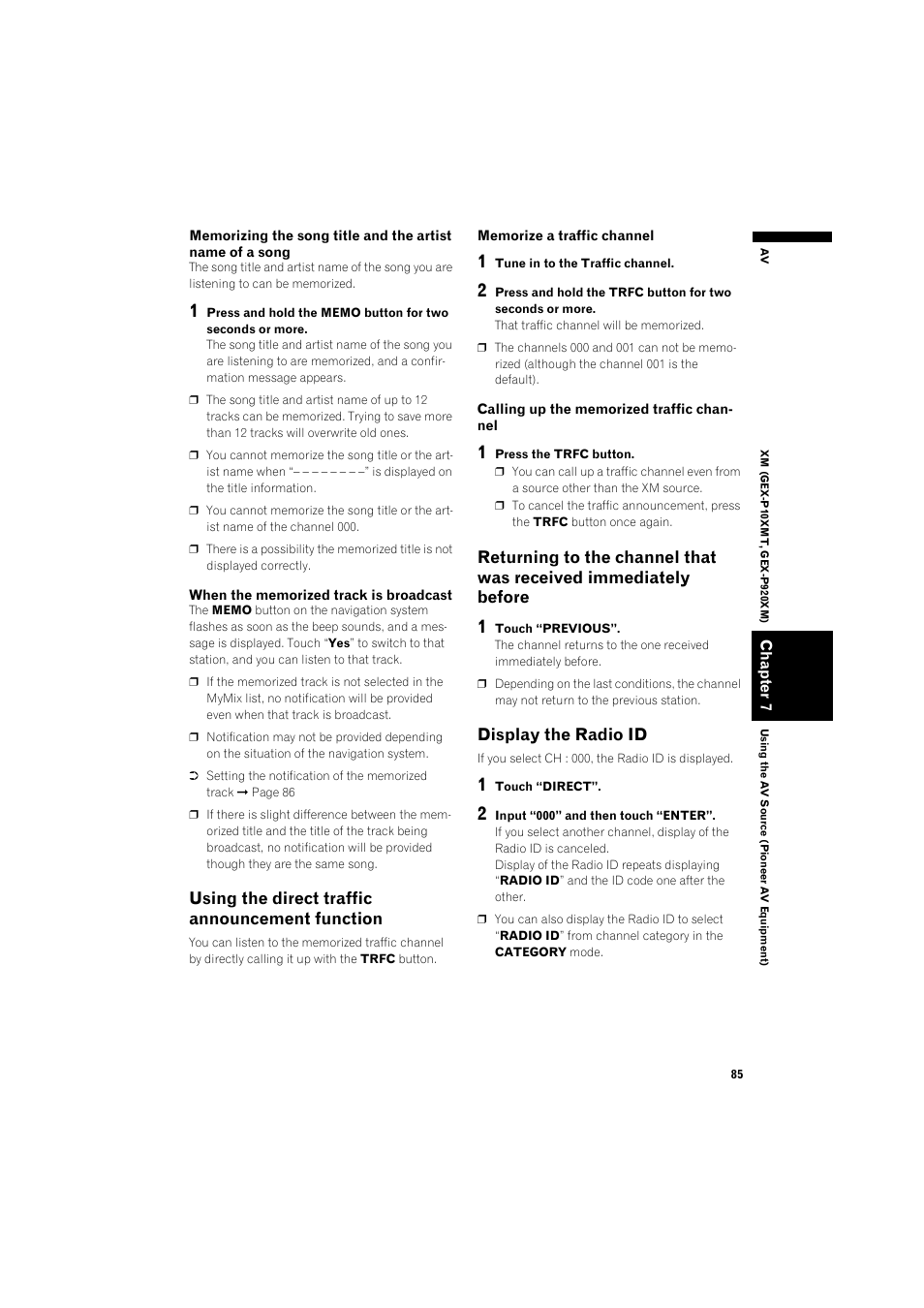 Using the direct traffic announcement, Function 85, Returning to the channel that was received im | Mediately before 85, Display the radio id 85, Using the direct traffic announcement function, Display the radio id | Pioneer DOUBLE-DIN DVD NAVIGATION SYSTEM AVIC-D2 User Manual | Page 87 / 134