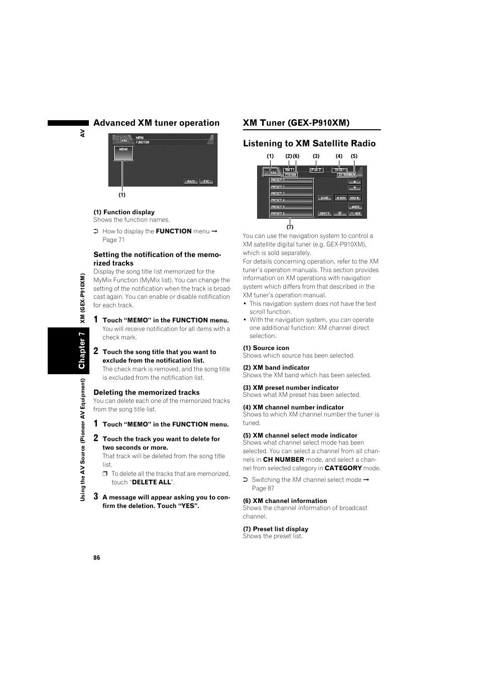 Advanced xm tuner operation 86, Xm tuner (gex-p910xm) 86, Listening to xm satellite radio 86 | Advanced xm tuner operation | Pioneer DOUBLE-DIN DVD NAVIGATION SYSTEM AVIC-D2 User Manual | Page 88 / 134