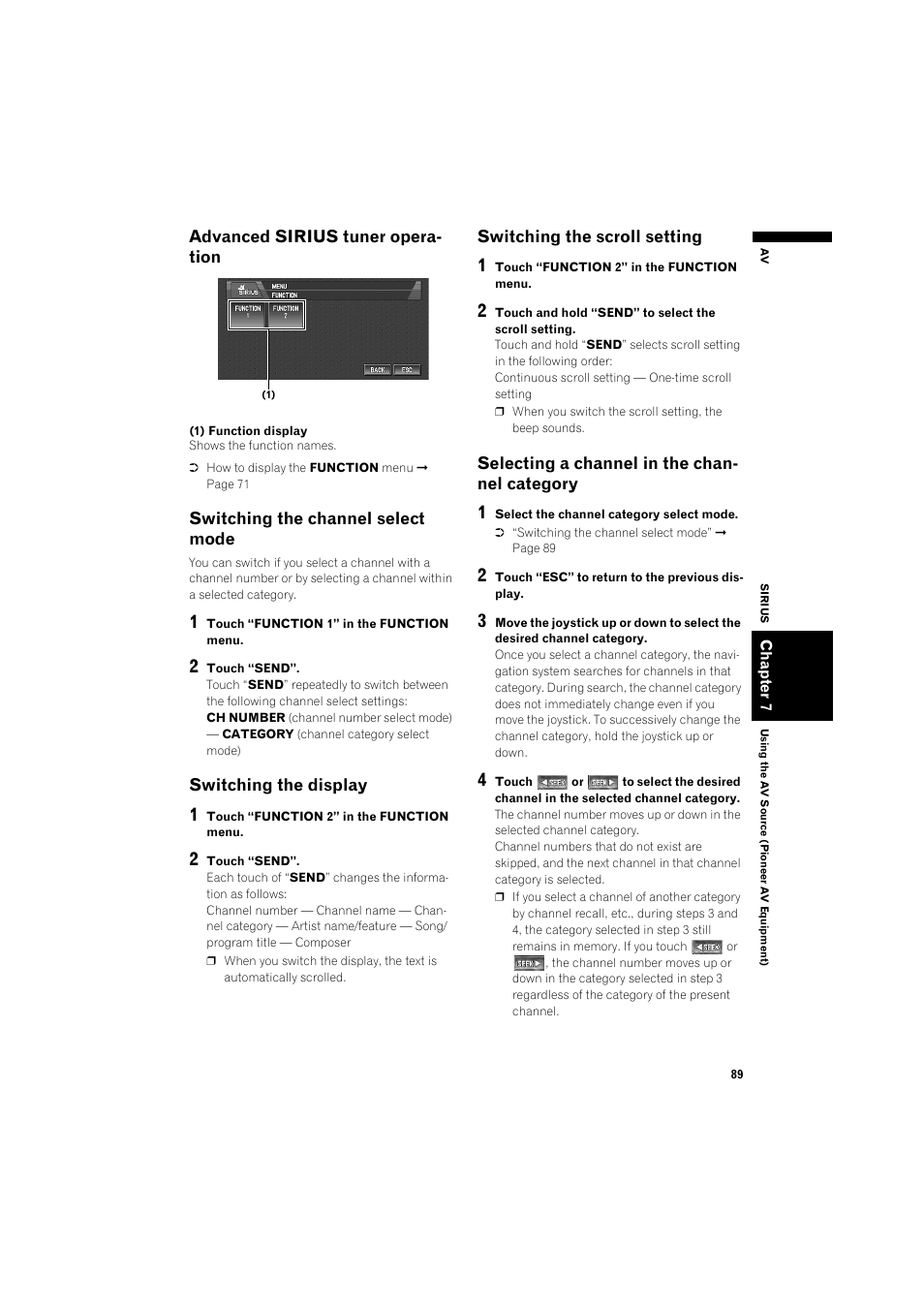 Advanced sirius tuner operation 89, Switching the channel select mode 89, Switching the display 89 | Switching the scroll setting 89, Selecting a channel in the channel category 89 | Pioneer DOUBLE-DIN DVD NAVIGATION SYSTEM AVIC-D2 User Manual | Page 91 / 134