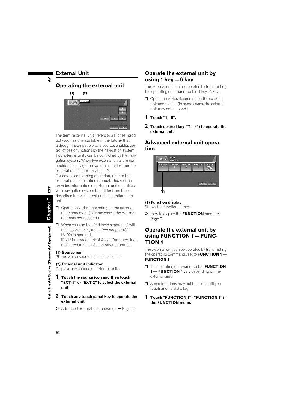 External unit 94, Operating the external unit 94, Operate the external unit by using 1 key — 6 | Key 94, Advanced external unit operation 94, Operate the external unit by using function 1, Function 4 94, External unit operating the external unit, Operate the external unit by using 1 key, 6 key | Pioneer DOUBLE-DIN DVD NAVIGATION SYSTEM AVIC-D2 User Manual | Page 96 / 134