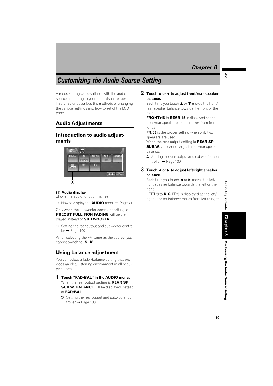 Chapter 8, Customizing the audio source set- ting, Audio adjustments 97 | Introduction to audio adjustments 97, Using balance adjustment 97, Customizing the audio source setting, Using balance adjustment | Pioneer DOUBLE-DIN DVD NAVIGATION SYSTEM AVIC-D2 User Manual | Page 99 / 134