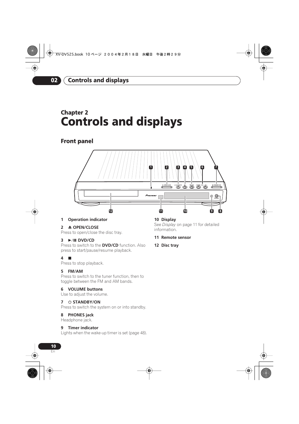 02 controls and displays, Front panel, Controls and displays | Controls and displays 02, Chapter 2 | Pioneer S-DV525 User Manual | Page 10 / 84