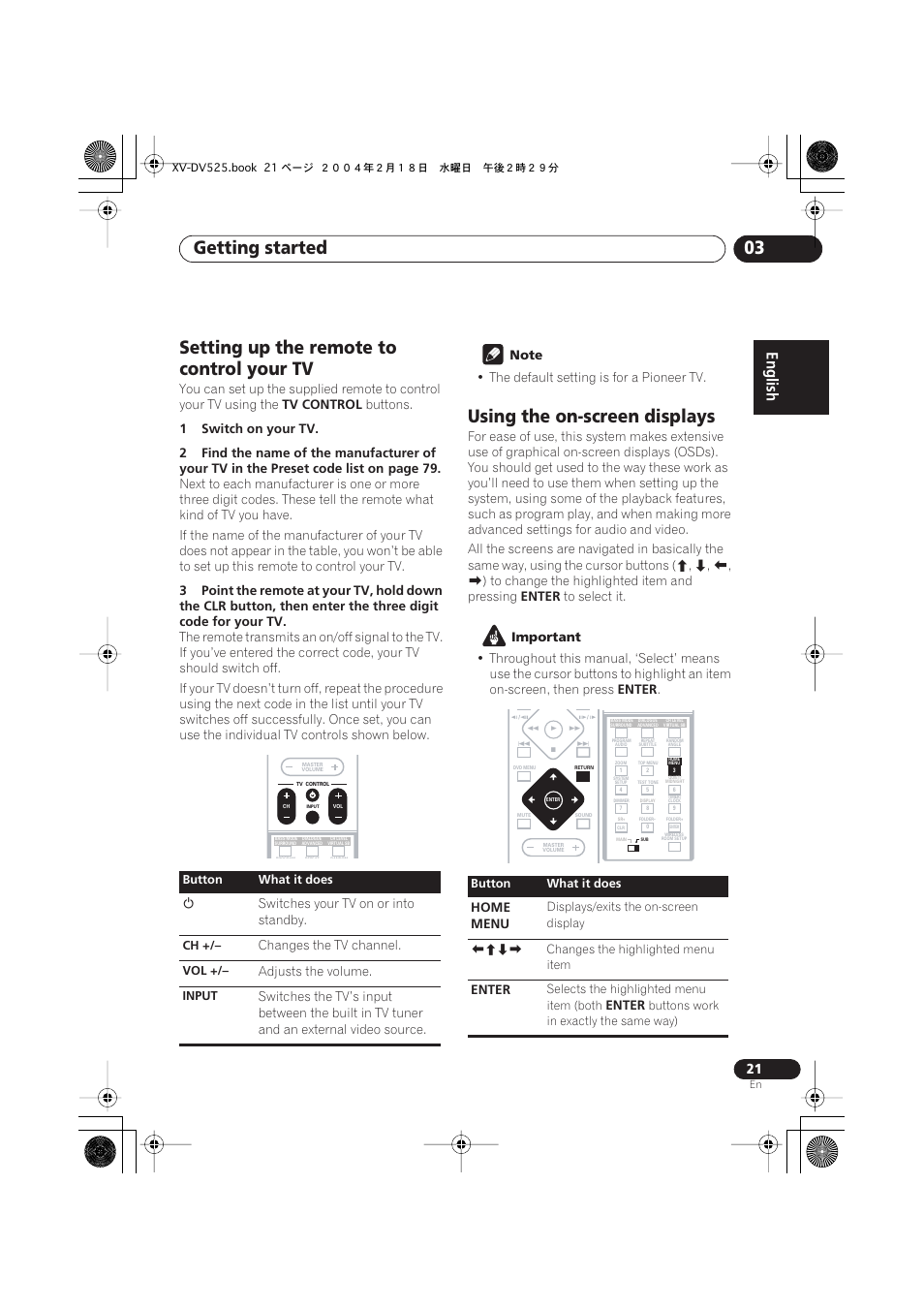 Setting up the remote to control your tv, Using the on-screen displays, Getting started 03 | Pioneer S-DV525 User Manual | Page 21 / 84