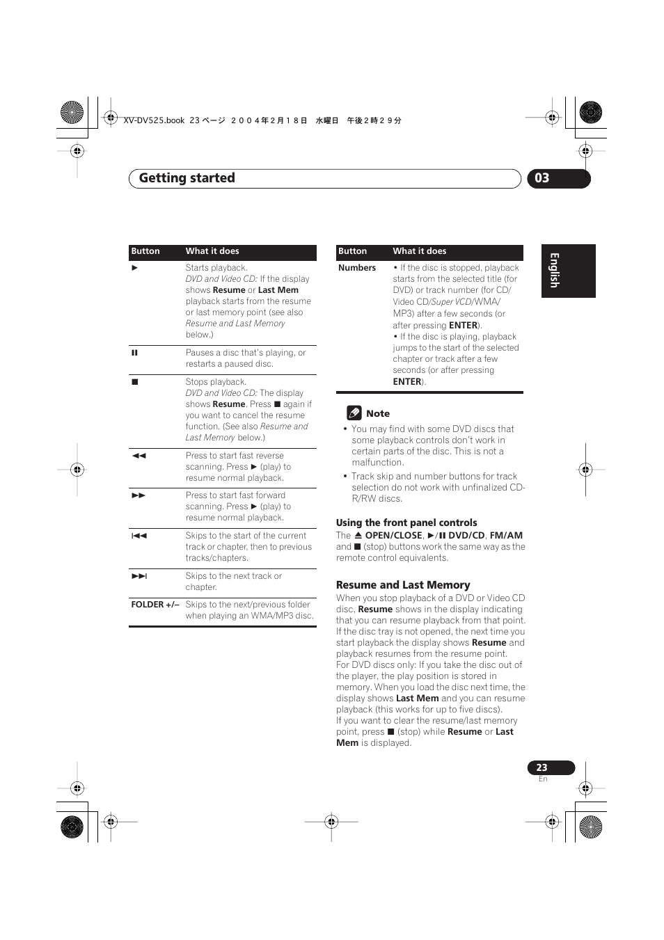 Resume and last memory, Getting started 03 | Pioneer S-DV525 User Manual | Page 23 / 84