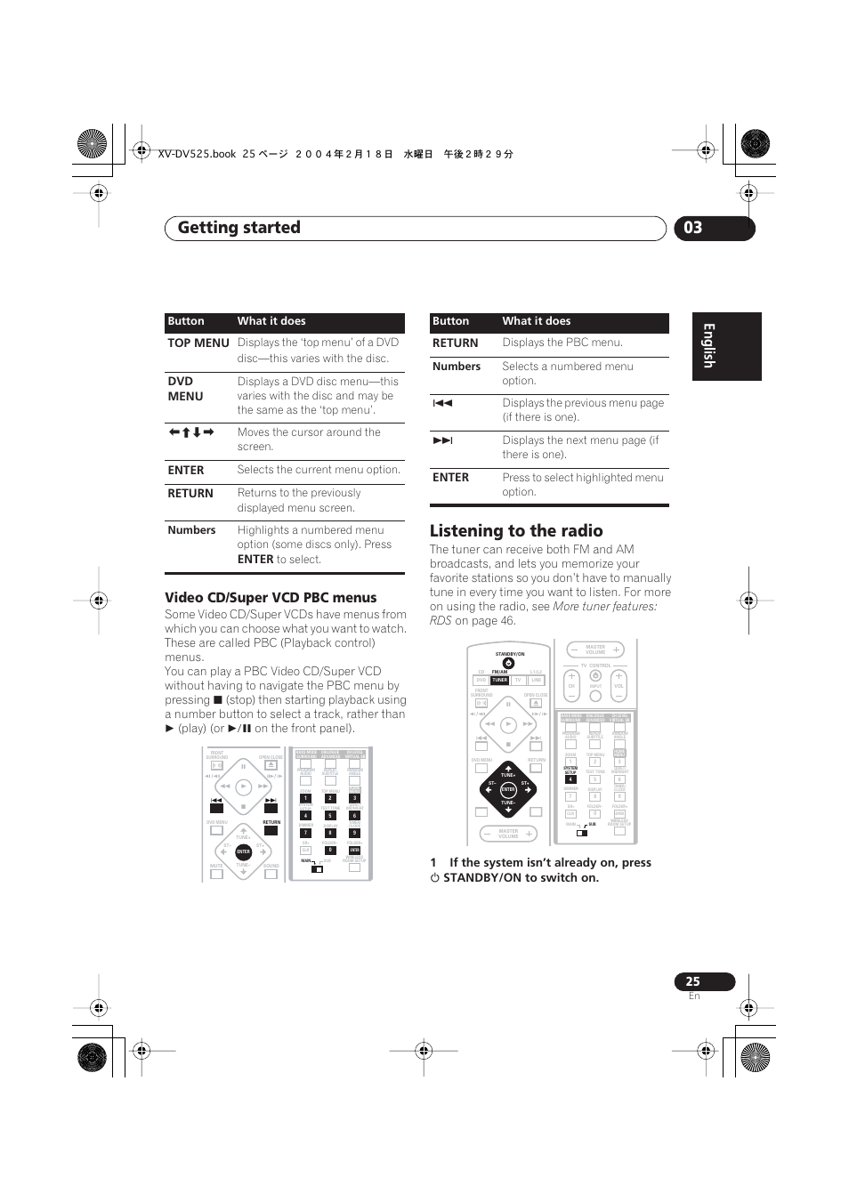 Video cd/super vcd pbc menus, Listening to the radio, Getting started 03 | Play) (or, On the front panel), More tuner features: rds, On page 46, 1if the system isn’t already on, press, Standby/on to switch on, Top menu | Pioneer S-DV525 User Manual | Page 25 / 84