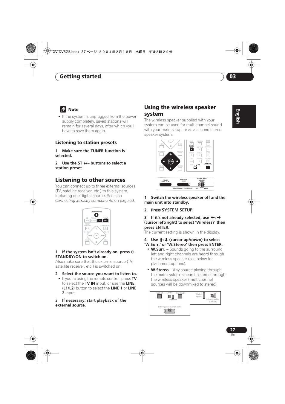 Listening to station presets, Listening to other sources, Using the wireless speaker system | Getting started 03, System setup, Enter | Pioneer S-DV525 User Manual | Page 27 / 84