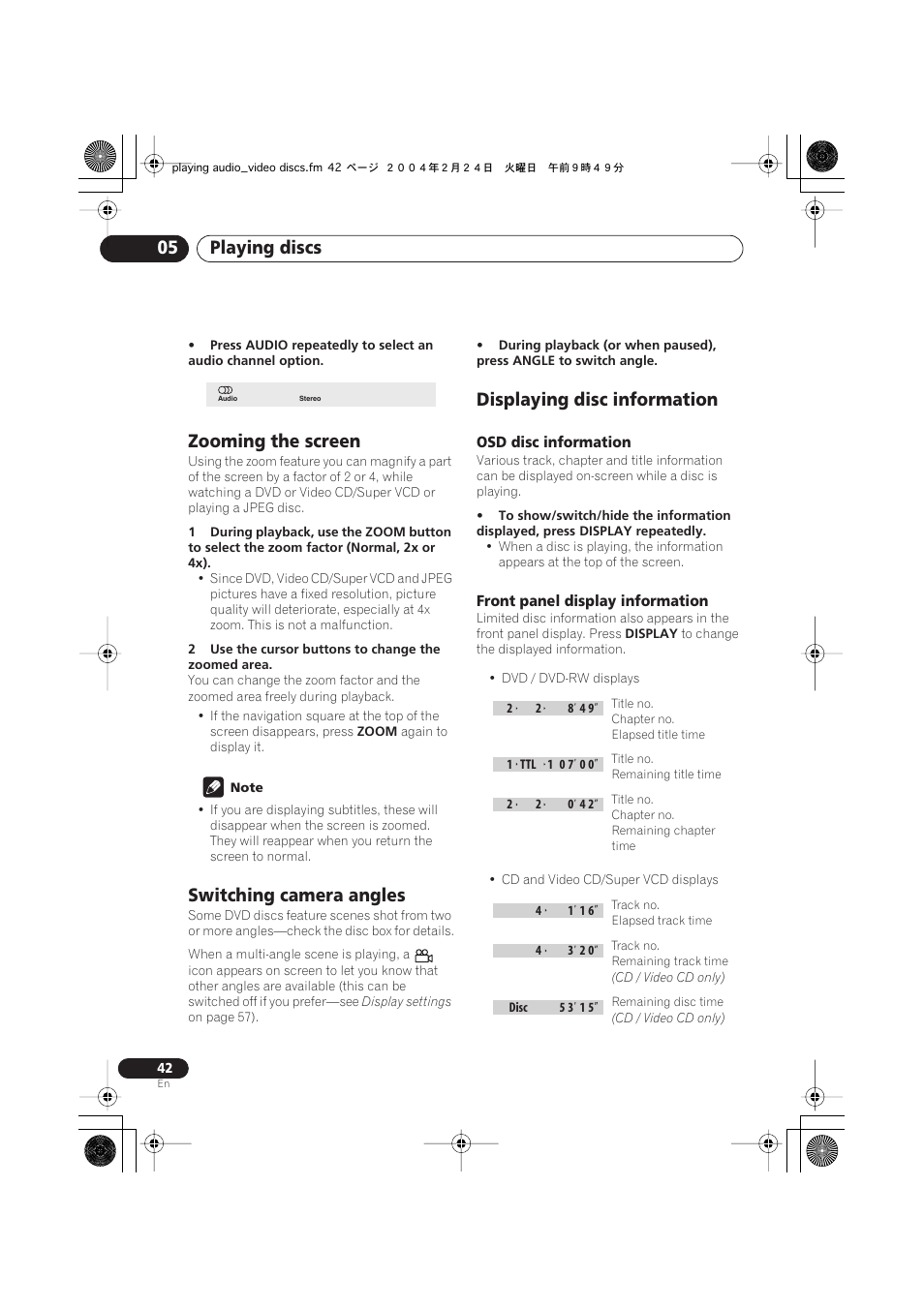 Zooming the screen, Switching camera angles, Displaying disc information | Osd disc information, Front panel display information, Playing discs 05 | Pioneer S-DV525 User Manual | Page 42 / 84