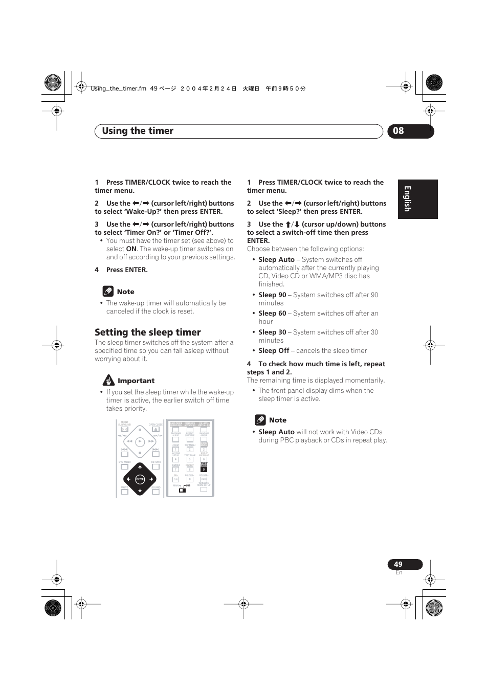 Setting the sleep timer, Using the timer 08 | Pioneer S-DV525 User Manual | Page 49 / 84