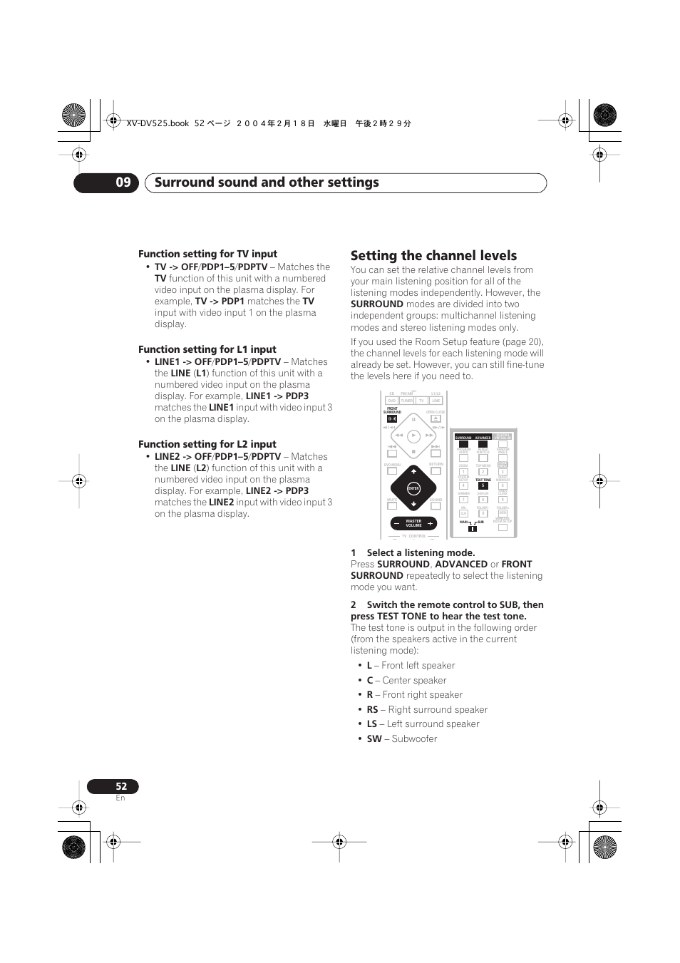 Setting the channel levels, Surround sound and other settings 09 | Pioneer S-DV525 User Manual | Page 52 / 84