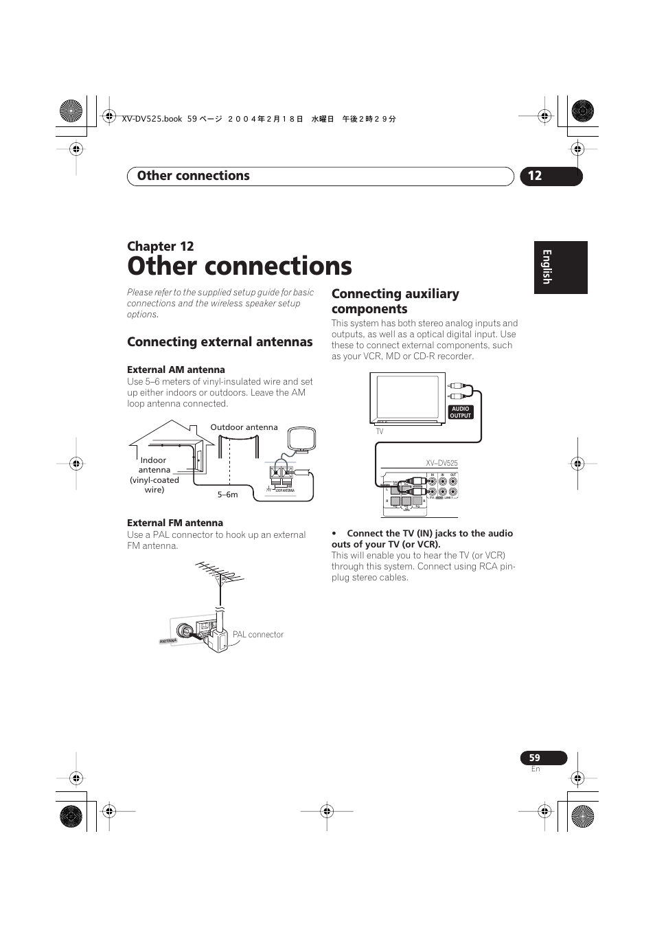 12 other connections, Connecting external antennas, Connecting auxiliary components | Other connections, Other connections 12, Chapter 12 | Pioneer S-DV525 User Manual | Page 59 / 84