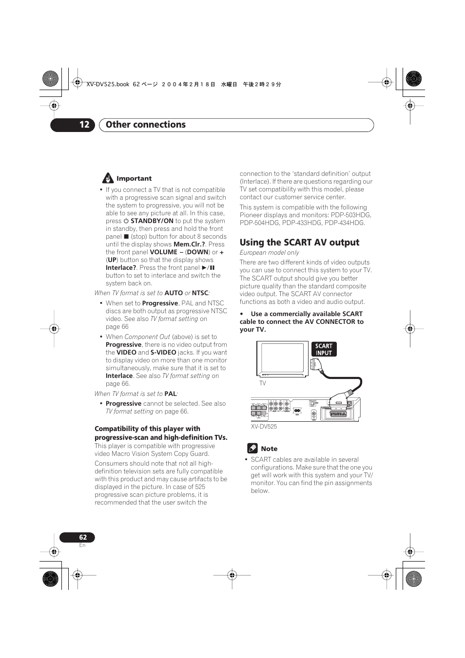 Using the scart av output, Other connections 12 | Pioneer S-DV525 User Manual | Page 62 / 84