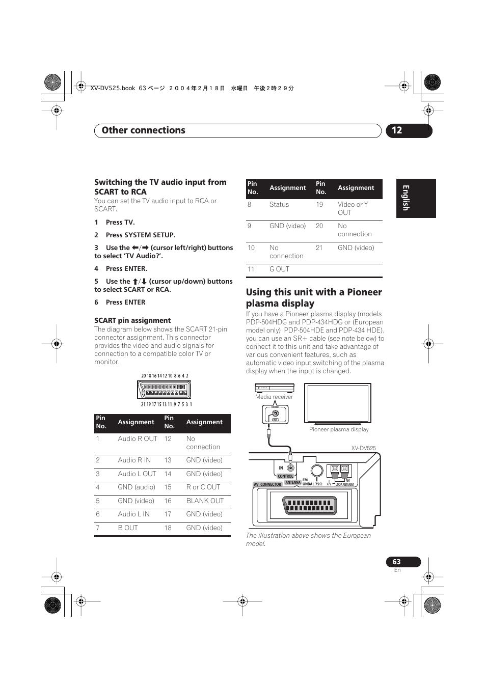 Switching the tv audio input from scart to rca, Using this unit with a pioneer plasma display, Other connections 12 | Pioneer S-DV525 User Manual | Page 63 / 84
