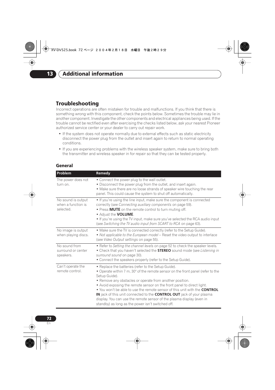 Troubleshooting, General, Additional information 13 | Pioneer S-DV525 User Manual | Page 72 / 84