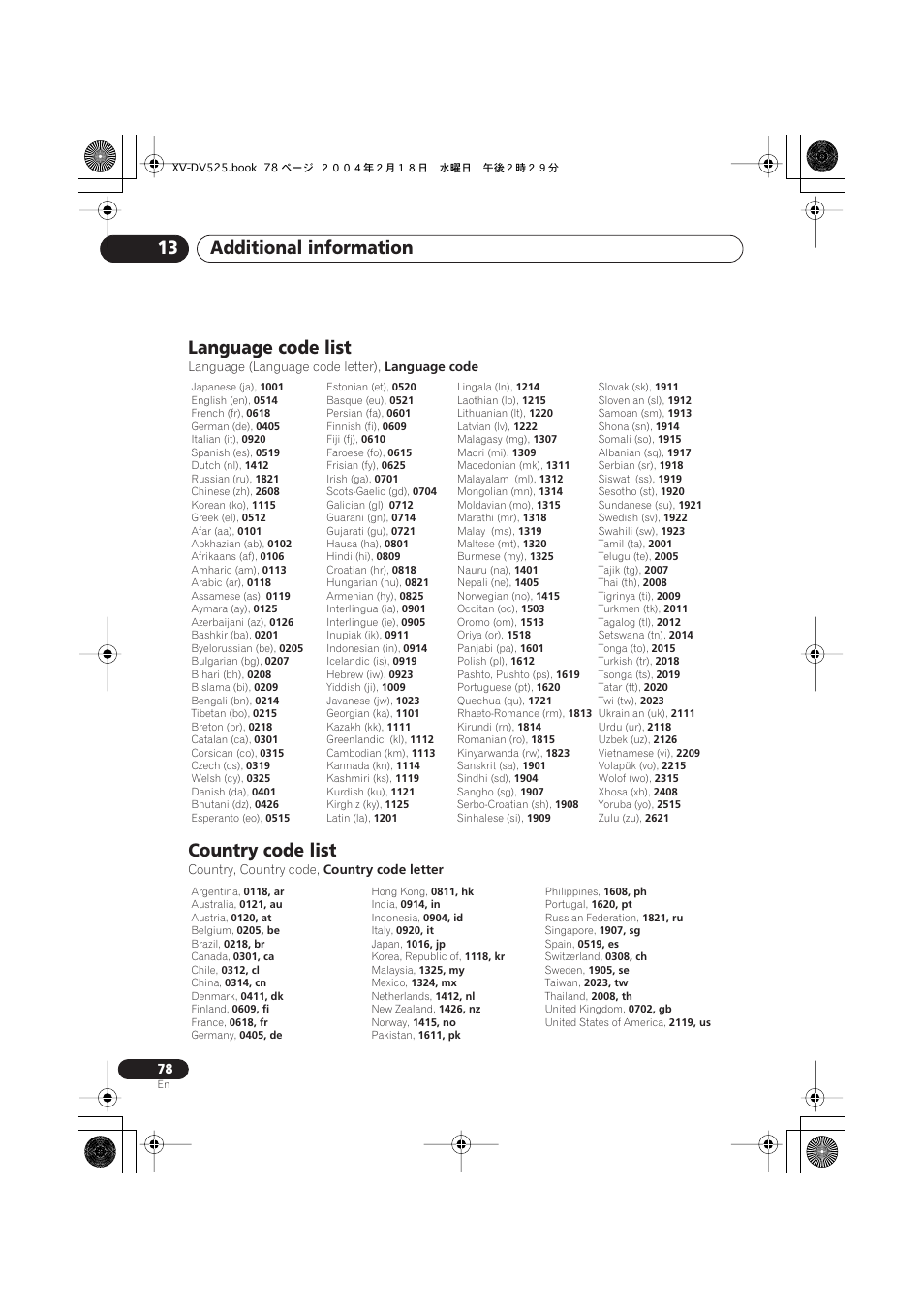 Language code list, Country code list, Additional information 13 | Pioneer S-DV525 User Manual | Page 78 / 84