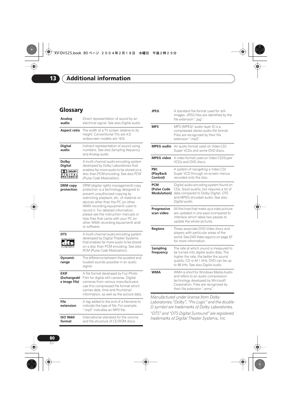 Glossary, Additional information 13 | Pioneer S-DV525 User Manual | Page 80 / 84