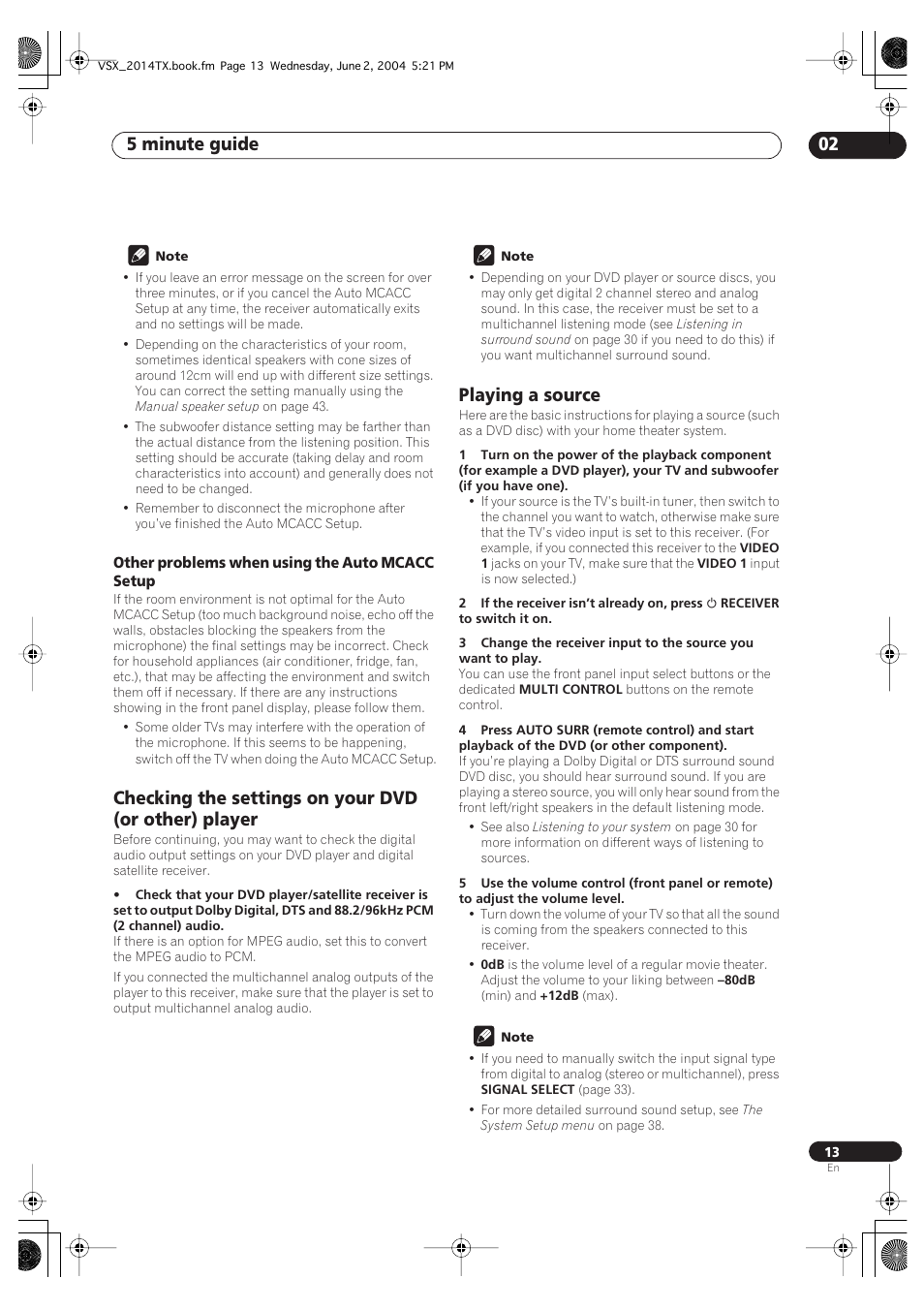 Other problems when using the auto mcacc setup, 5 minute guide 02, Playing a source | Pioneer VSX-2014i User Manual | Page 13 / 84